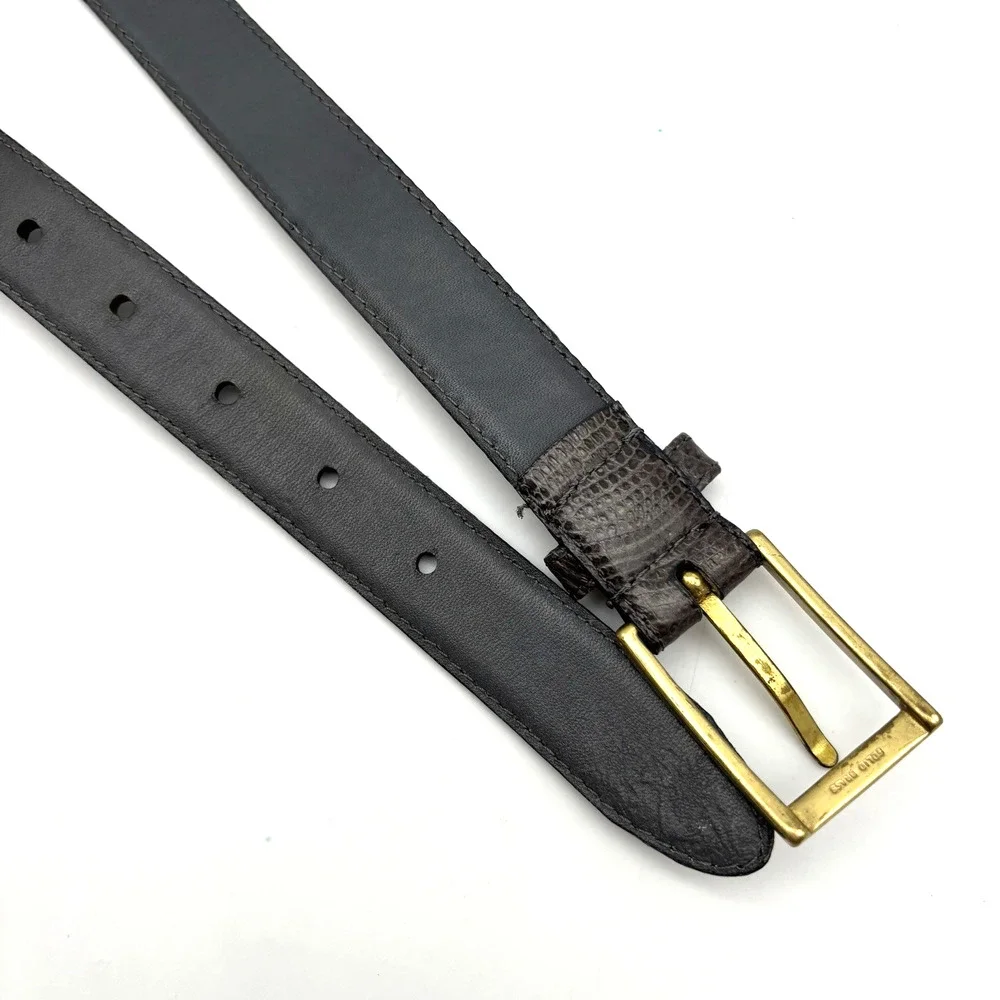 Vintage 80s Alfani Gray Genuine Lizard Leather Brass Buckle Dress Belt 36 34-38